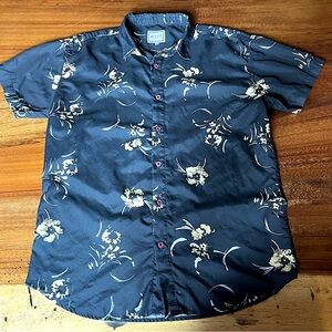 A Fly Men’s Floral Print Shirt Button Front Short Sleeve Brown Tan Cream Size L